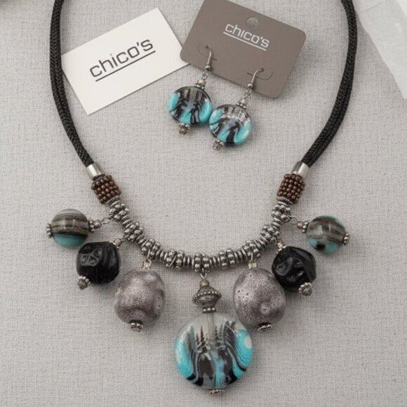 Sedona Sunset Chico's Statement Turquoise and Brown Beaded Necklace Set - Picture 1 of 9